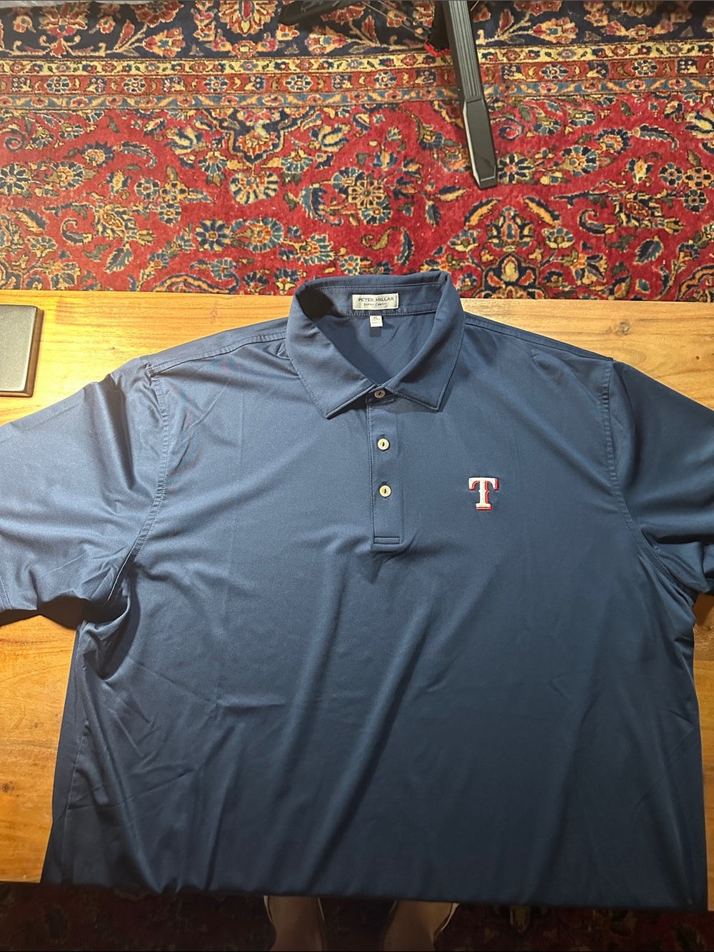 Peter Millar Navy Polo with Red & White 'T' Embroidery Texas Rangers - Picture 4 of 4